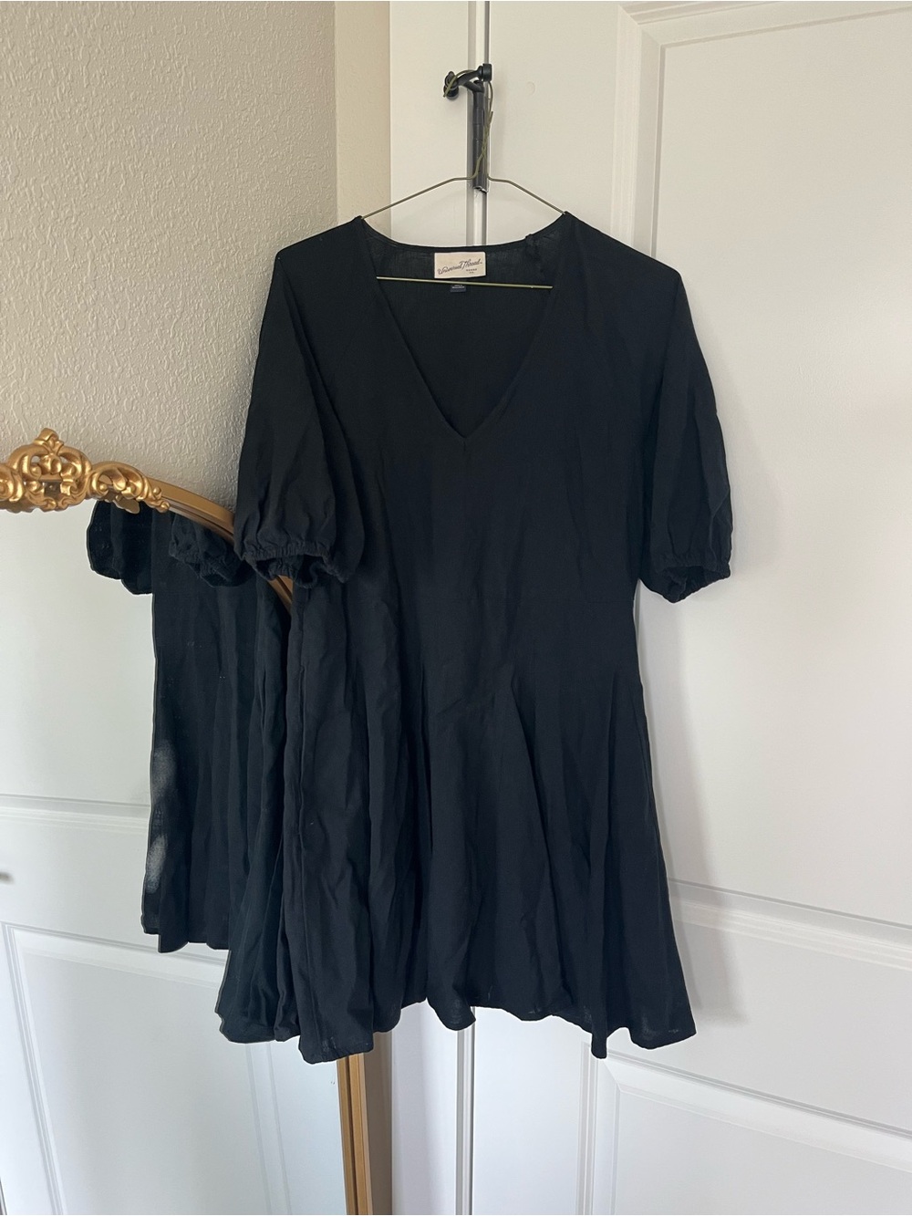 V-Neck Babydoll Dress with Puff Sleeves & Pockets - Black